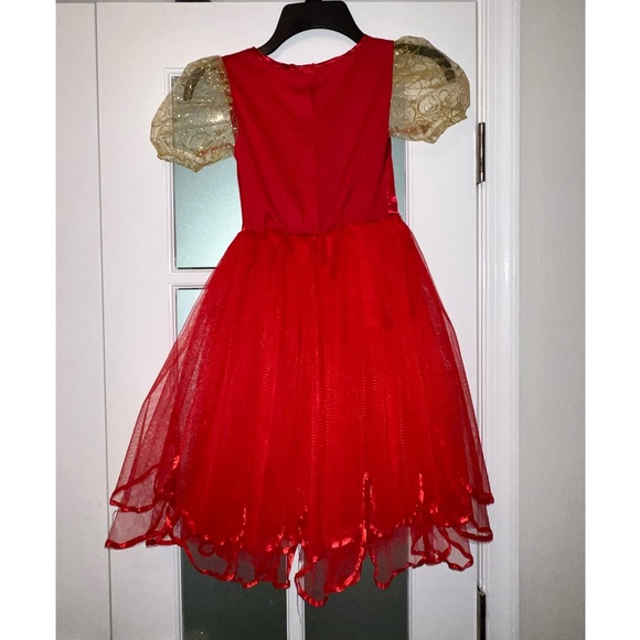 GIRLS RED DRESS-UP DRESS WITH GOLD GLITTERY PUFF SLEEVES ❤️💛✨ - Picture 2 of 4